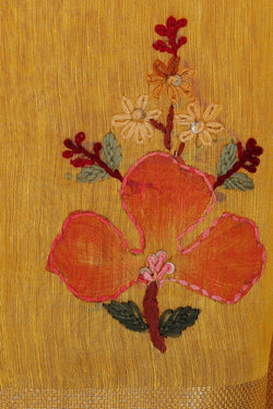 Image of Linen Silk Yellow Embroidered Saree