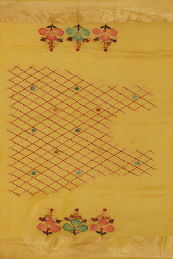 Image of Linen Silk Yellow Embroidered Saree