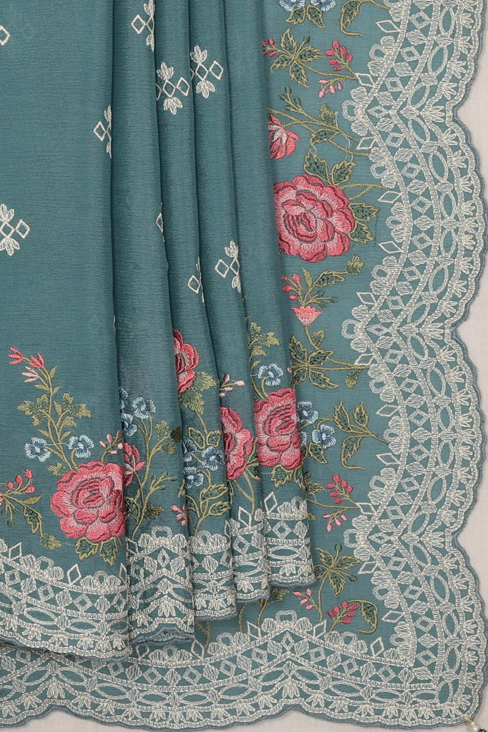 Image of Crepe Teal Blue Saree