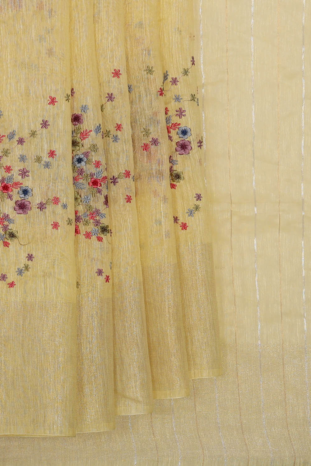 Image of Linen Silk Yellow Embroidered Saree