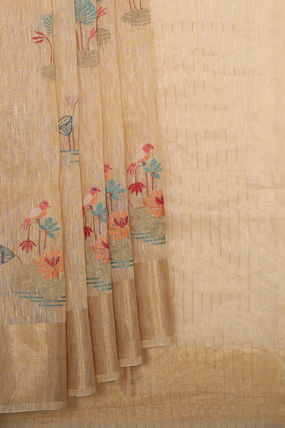 Image of Linen Silk Cream Embroidered Saree