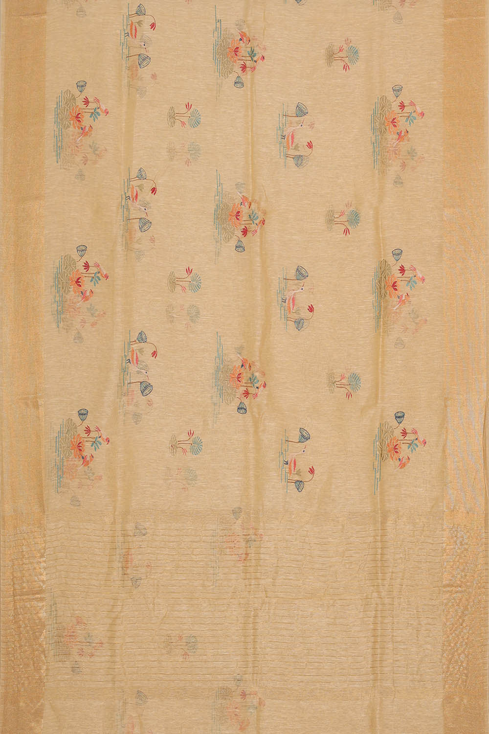 Linen Silk Cream Embroidered Saree