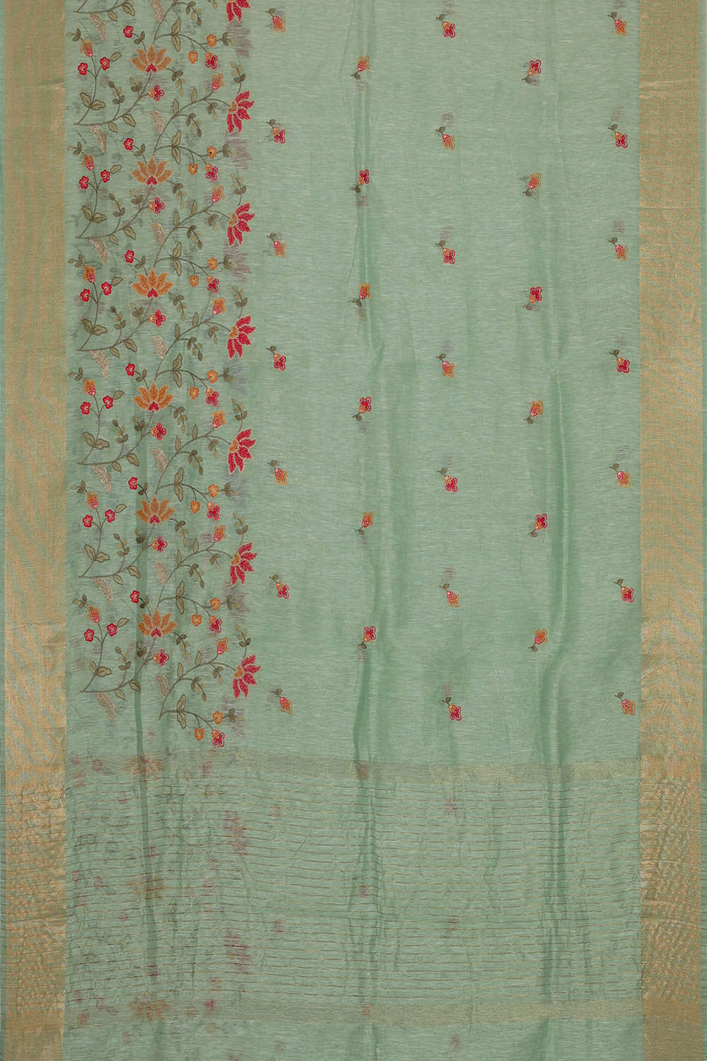 Linen Silk Sea Green Embroidered Saree