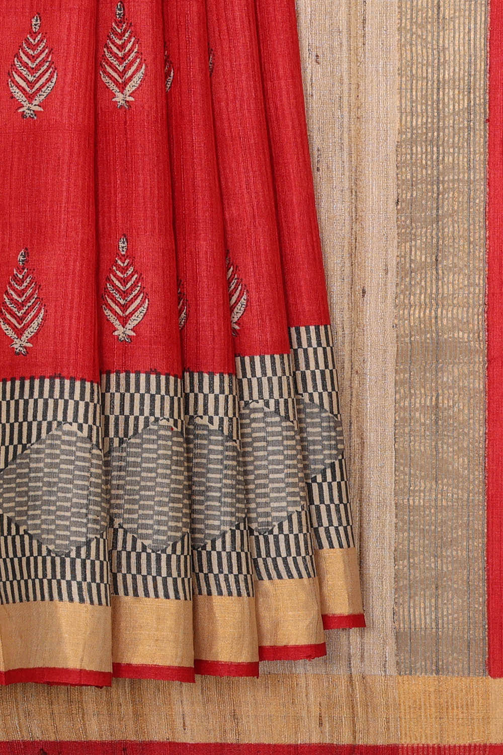 Image of Printed Tussar Silk Red Saree