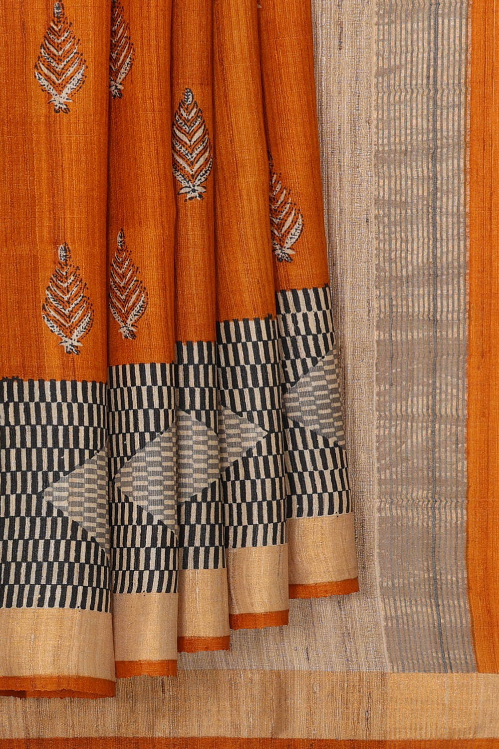 Image of Printed Tussar Silk Mustard Orange Saree