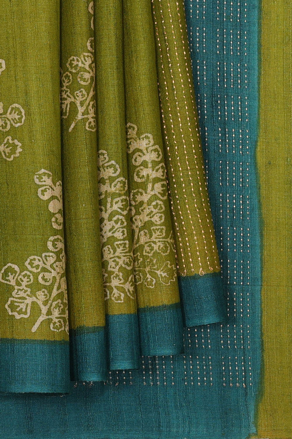 Image of Printed Tussar Silk Golden Green Saree