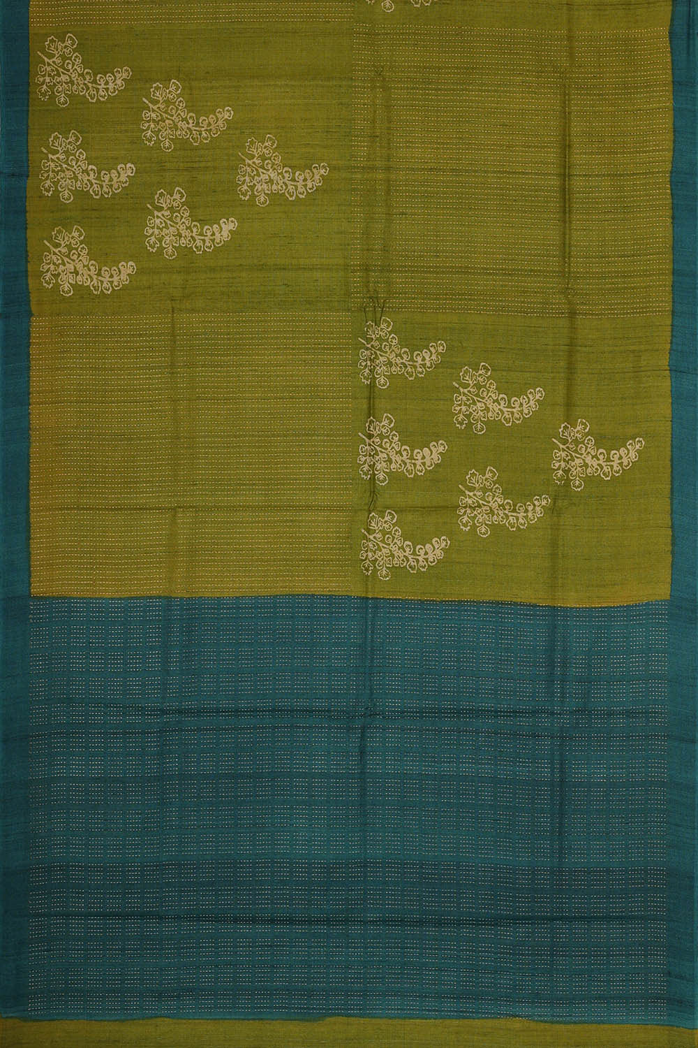 Image of Printed Tussar Silk Golden Green Saree