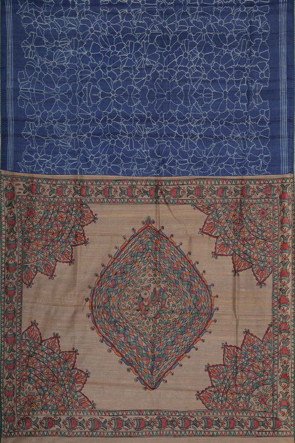 Printed Tussar Silk Dark Blue Saree