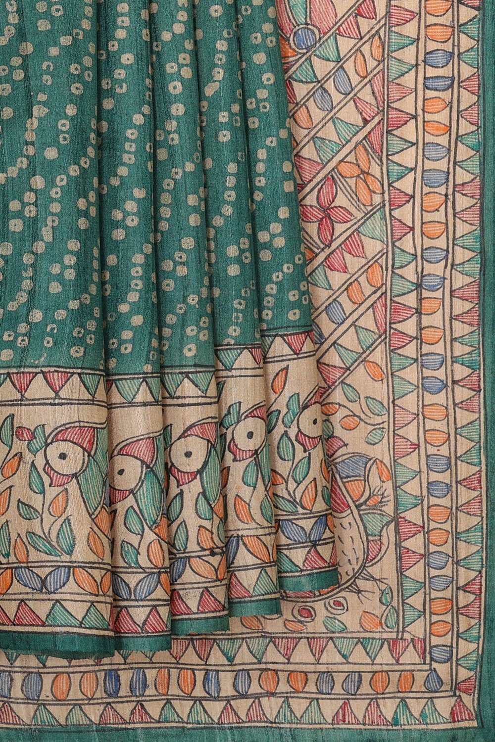 Image of Printed Tussar Silk Teal Green Saree
