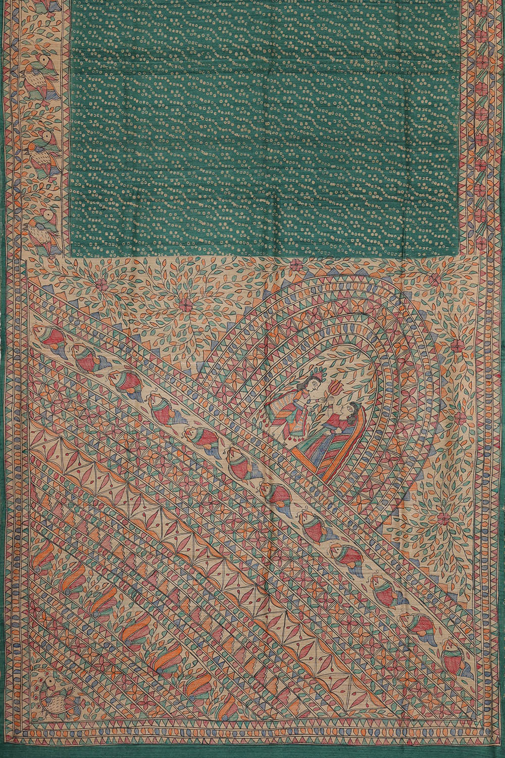 Image of Printed Tussar Silk Teal Green Saree