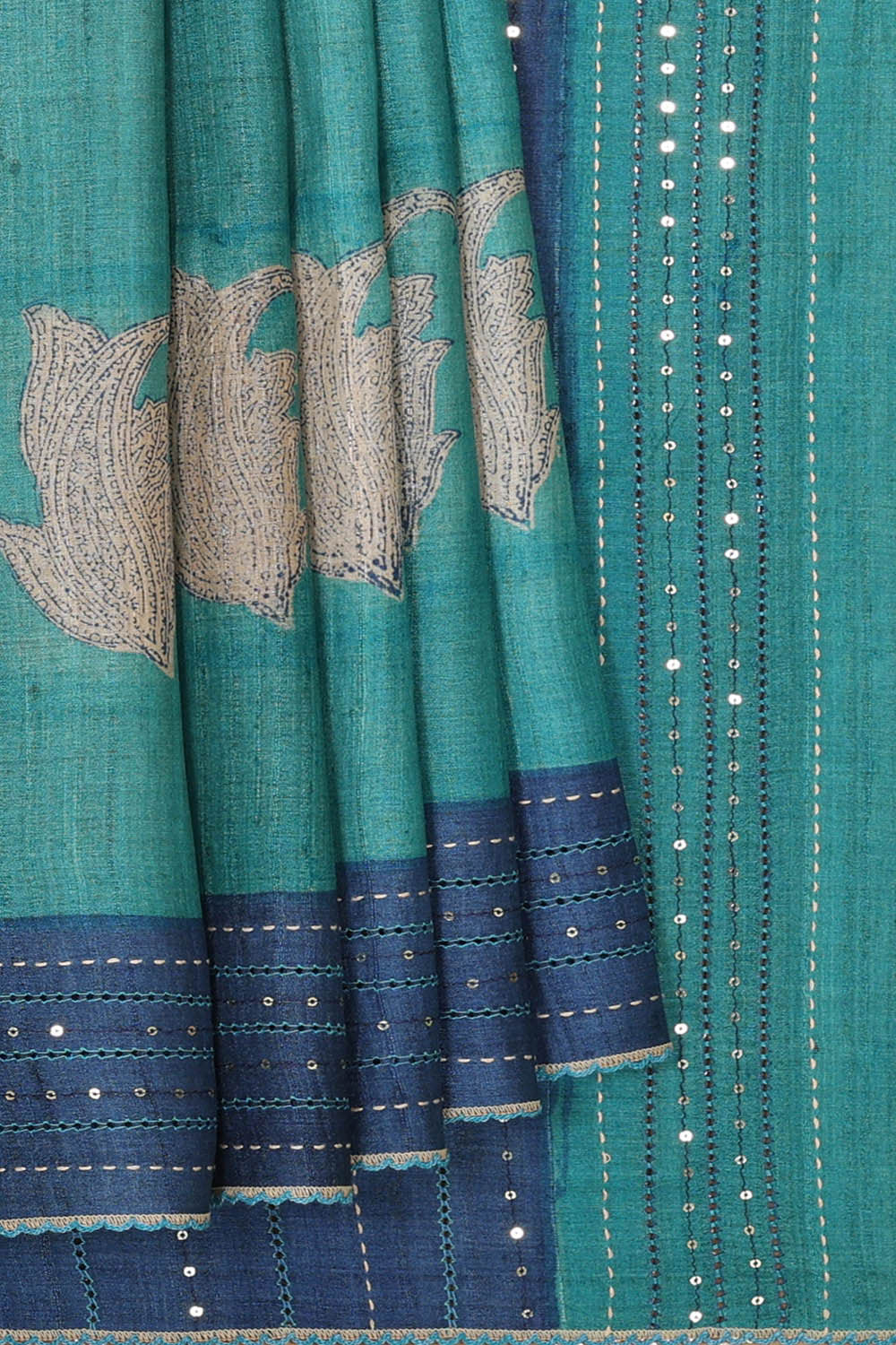 Image of Printed Tussar Silk Turquoise Blue Saree