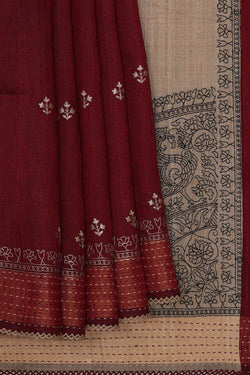 Image of Tussar Dark Red Embroidered Saree