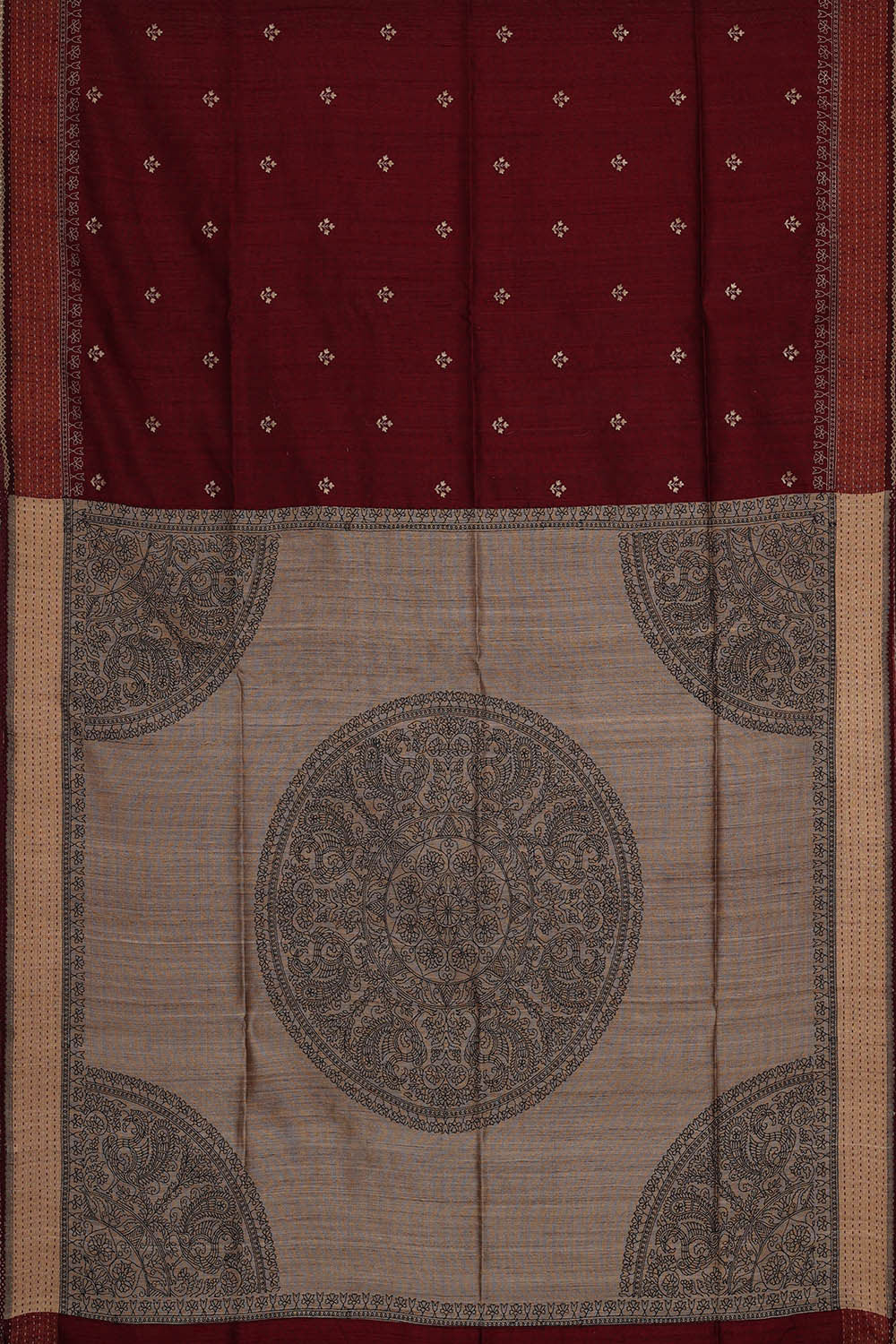 Tussar Dark Red Embroidered Saree