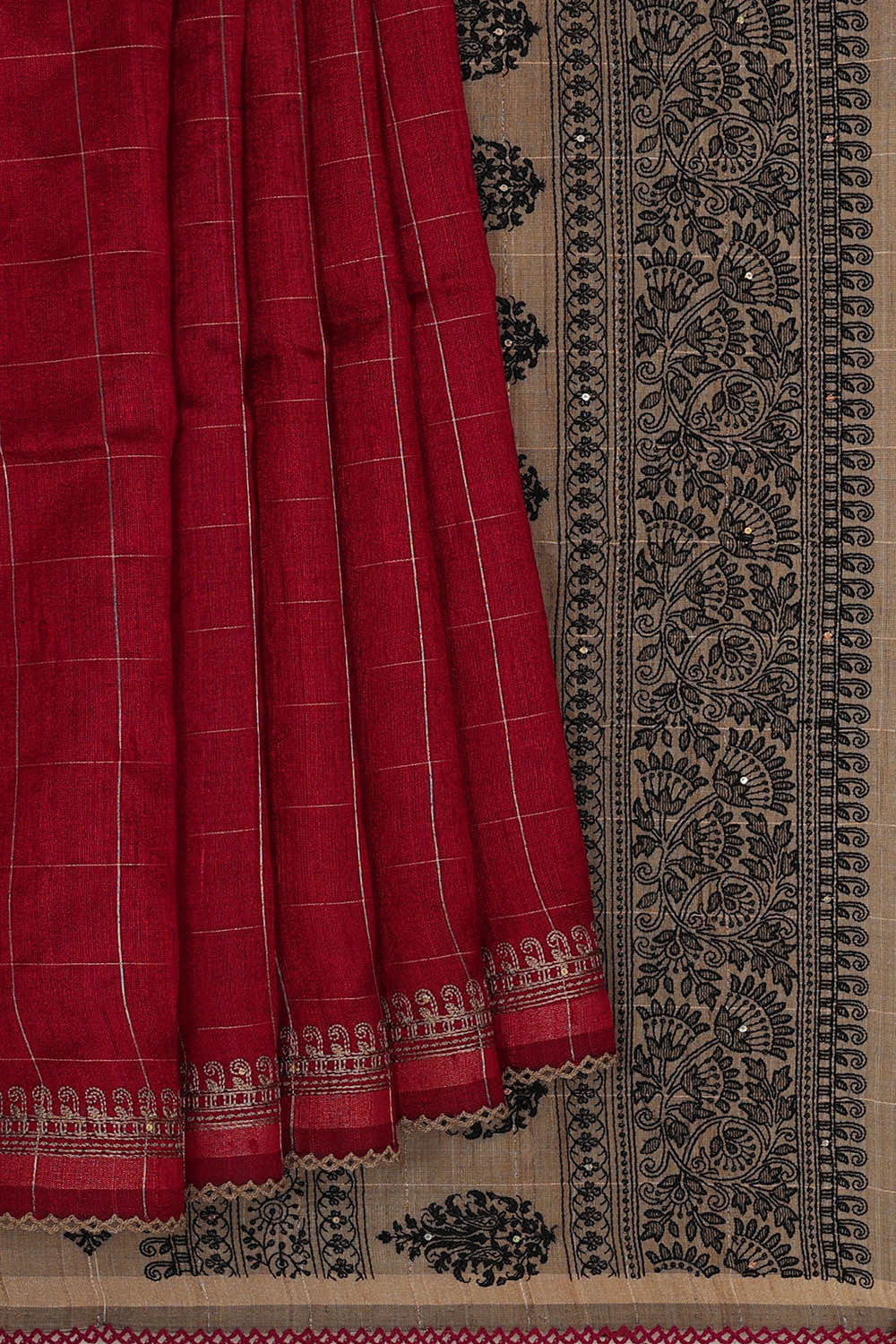 Tussar Red Embroidered Saree