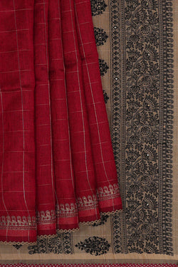 Image of Tussar Red Embroidered Saree