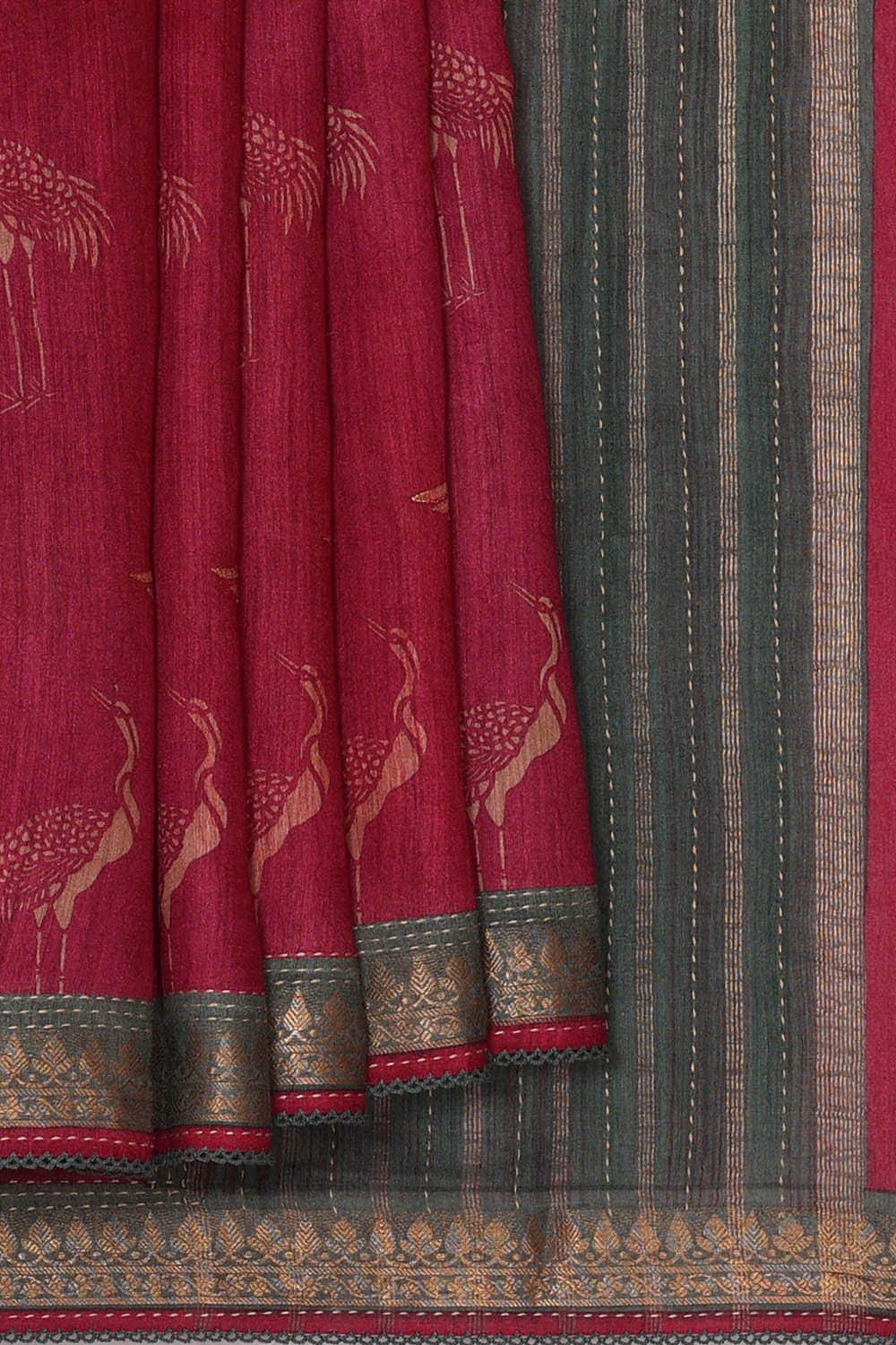 Printed Tussar Pinkish Red Saree