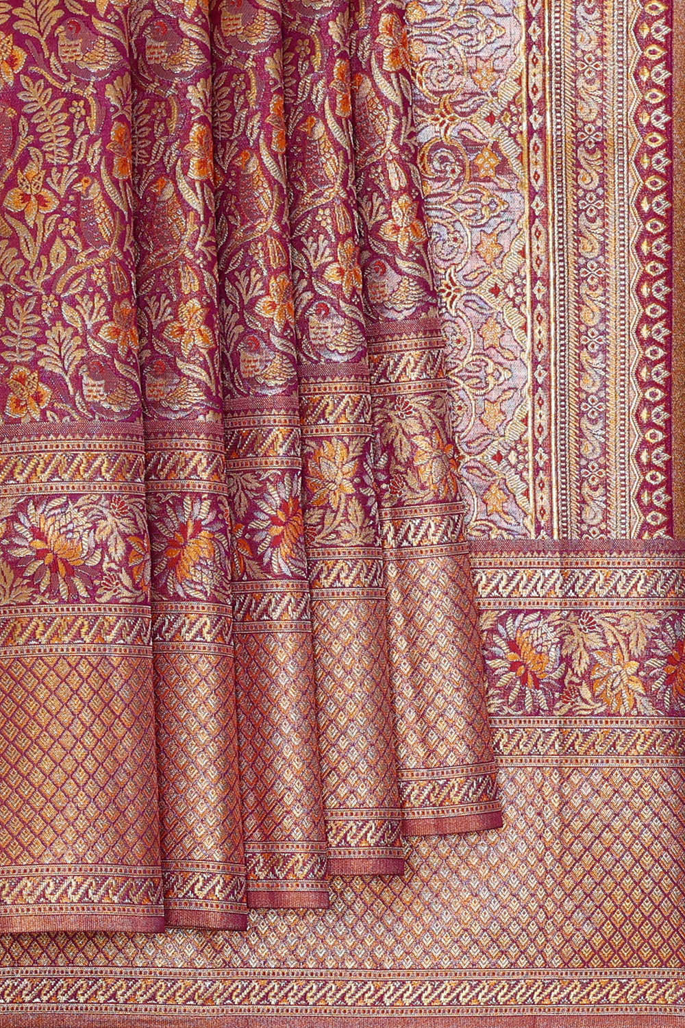 Kanchipattu Golden Magenta Tissue Brocade Saree