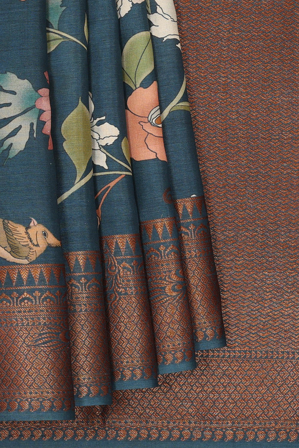 Image of Teal-Blue Tussar Silk Saree