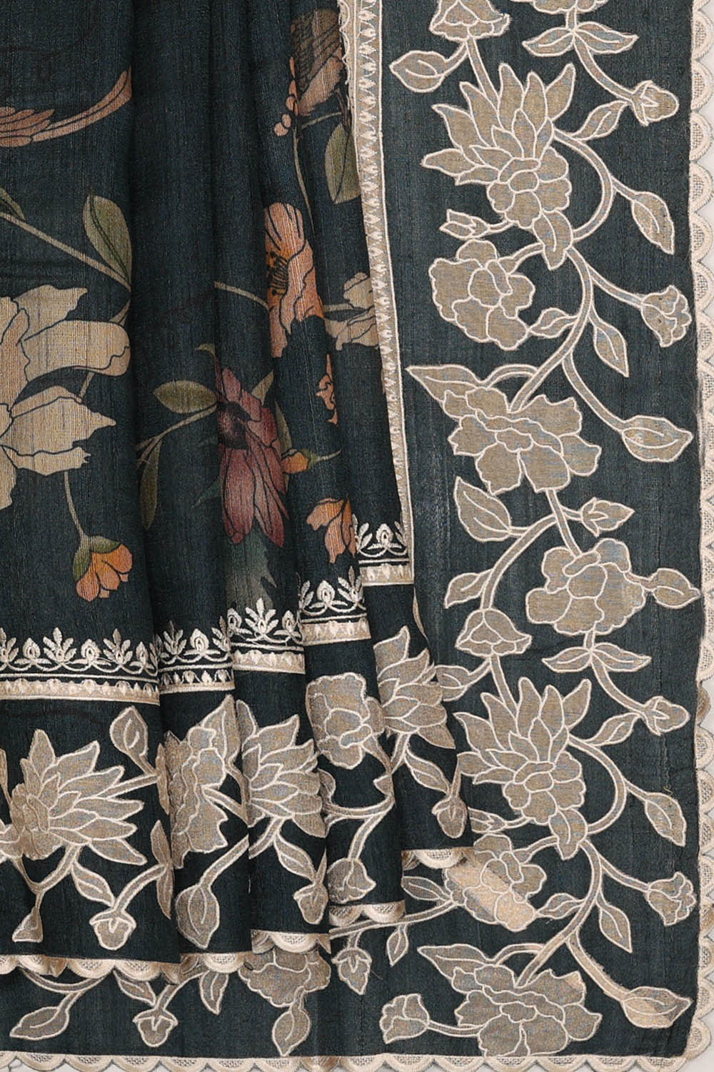 Image of Tussar Silk Dark Olive Green Saree