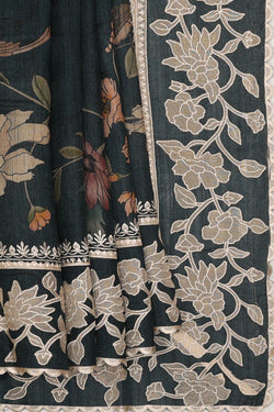 Image of Tussar Silk Dark Olive Green Saree