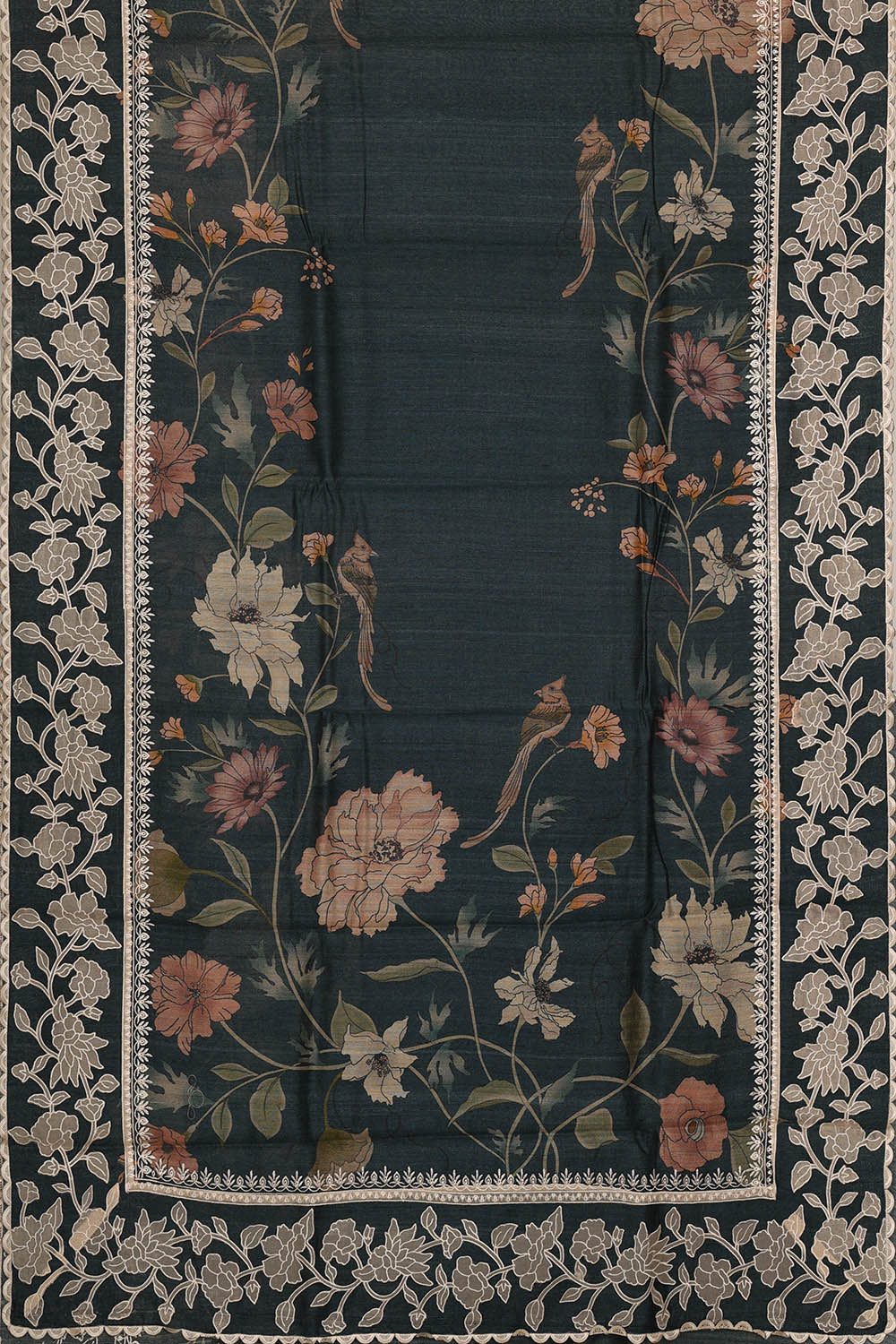 Image of Tussar Silk Dark Olive Green Saree