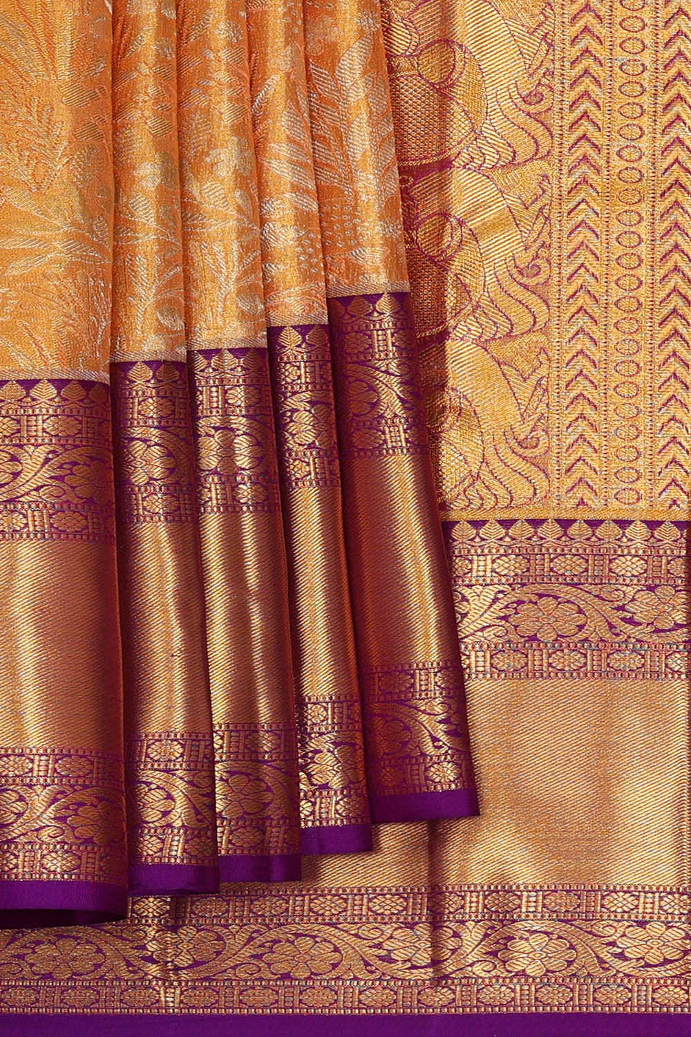Image of Kanchipattu Golden Peach Tissue Brocade Saree