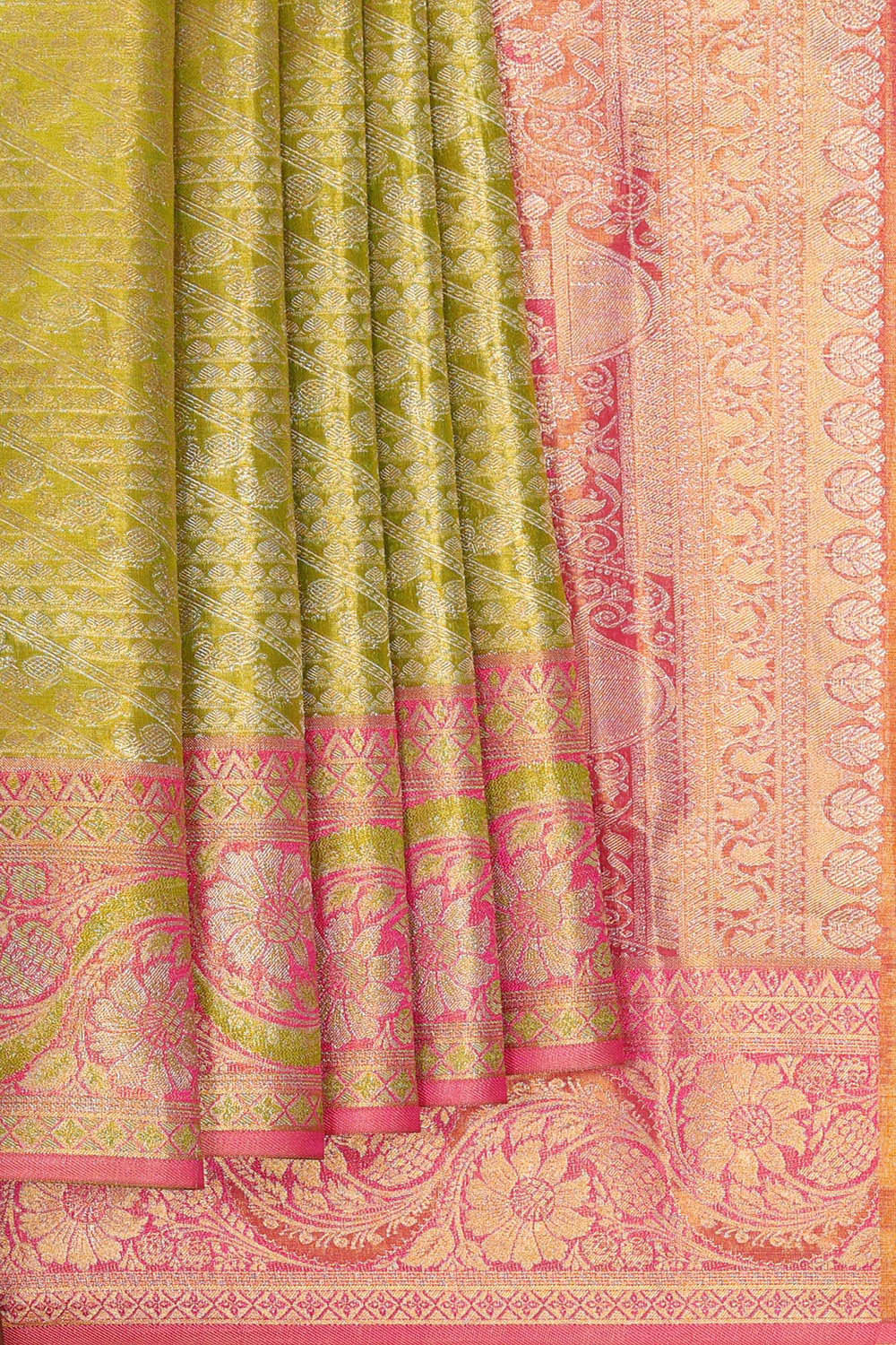 Image of Kanchipattu Parrot Green Tissue Brocade Saree
