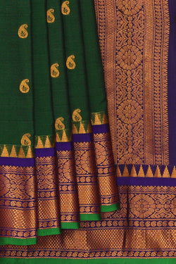 Image of Gadwal Silk Cotton Bottle Green Saree