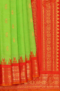Image of Gadwal Parrot Green Silk Cotton Saree