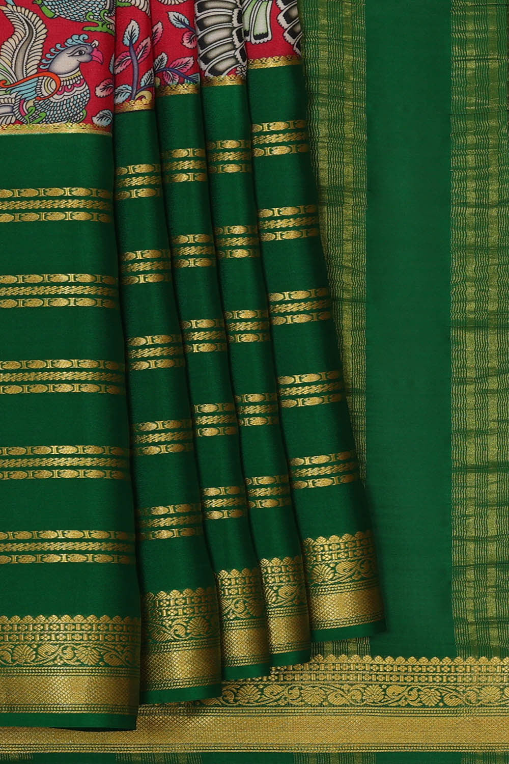 Printed Binny Crepe Red-Dark Green Saree