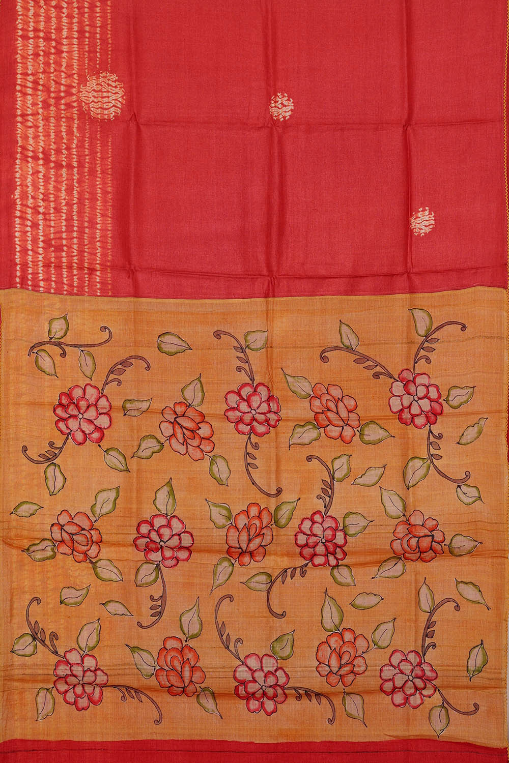 Printed Tussar Red Saree