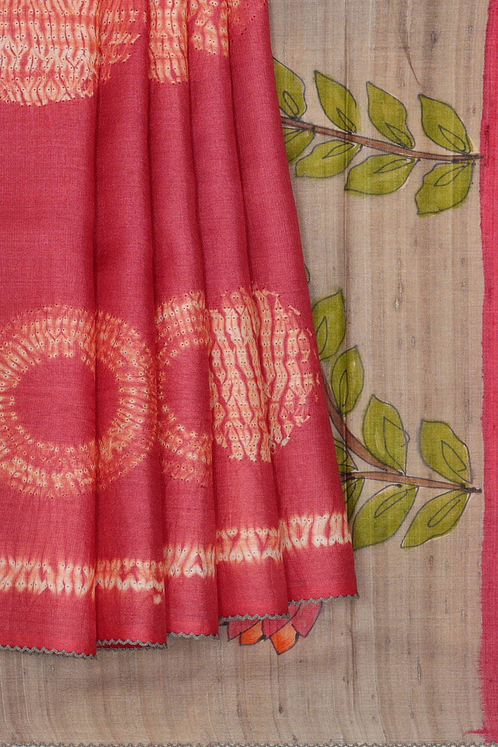 Image of Printed Tussar Reddish Pink Saree