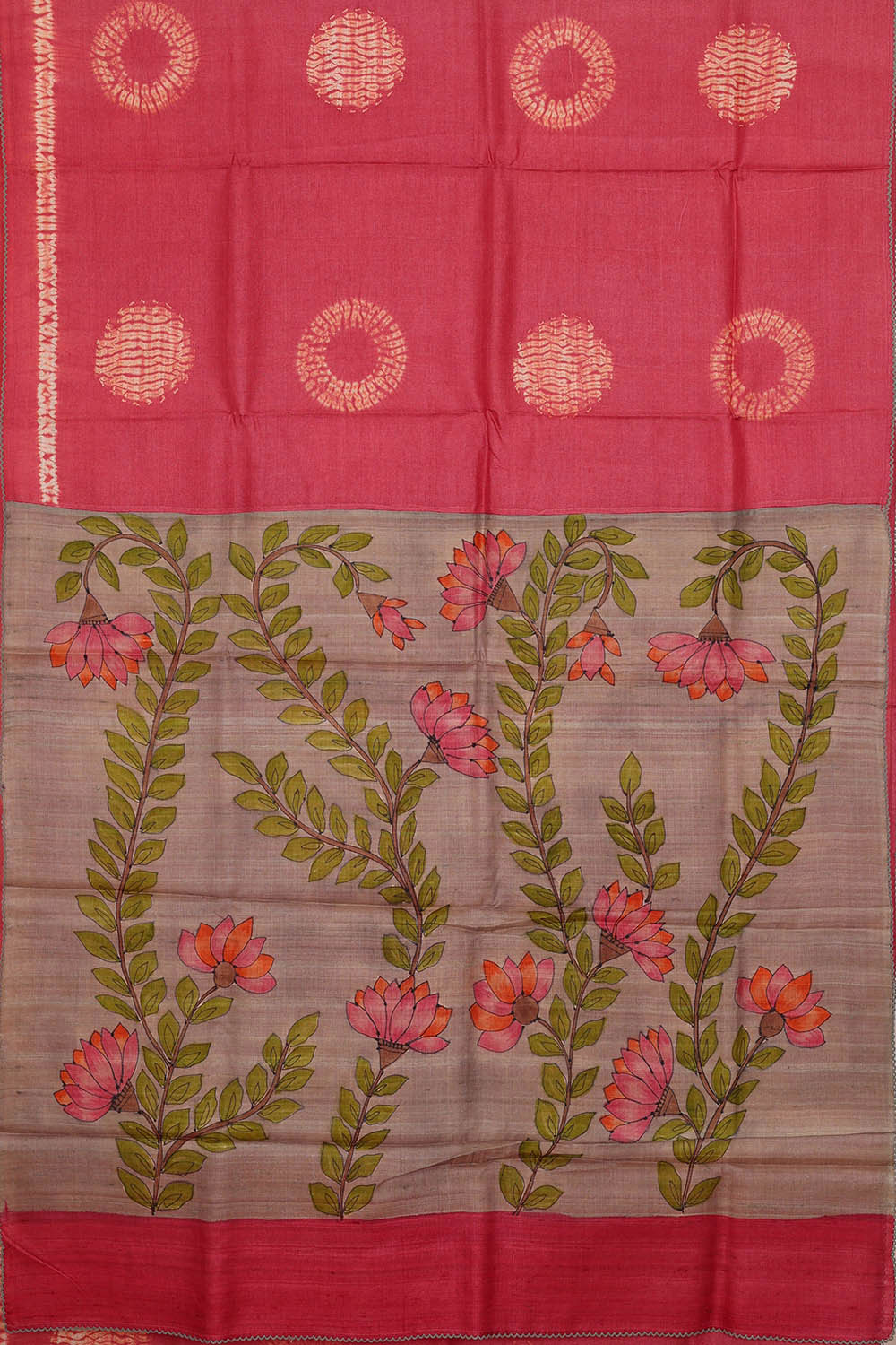 Image of Printed Tussar Reddish Pink Saree