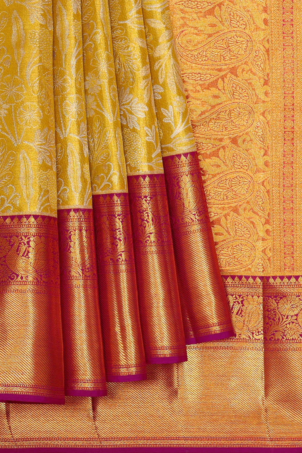 Kanchipattu Golden Yellow Tissue Brocade Saree