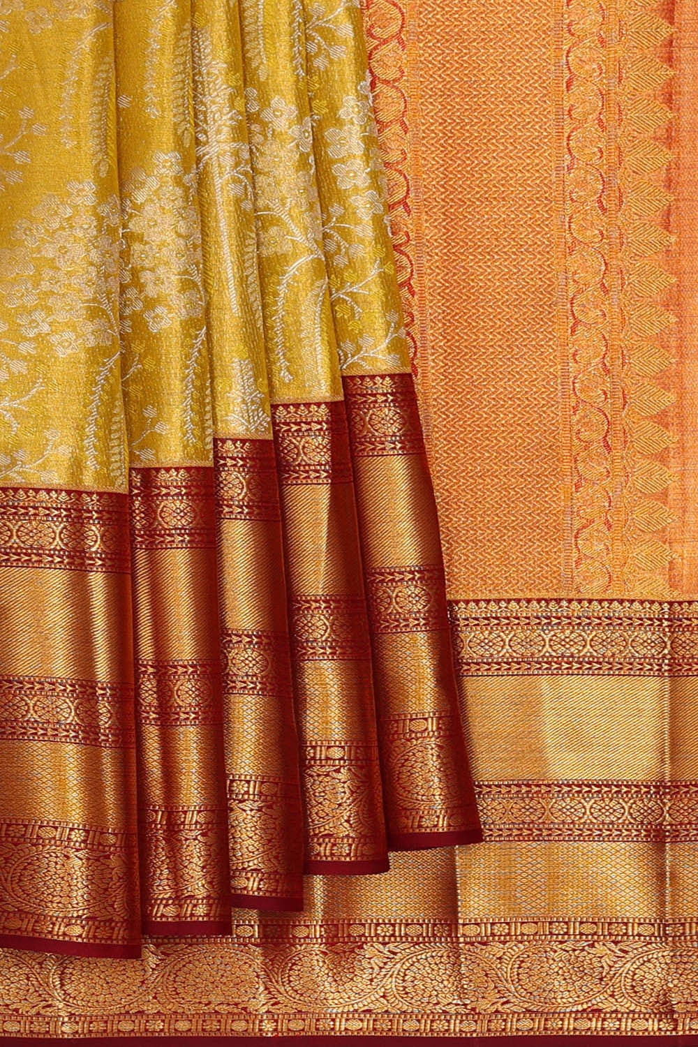 Image of Kanchipattu Golden Yellow Tissue Brocade Saree