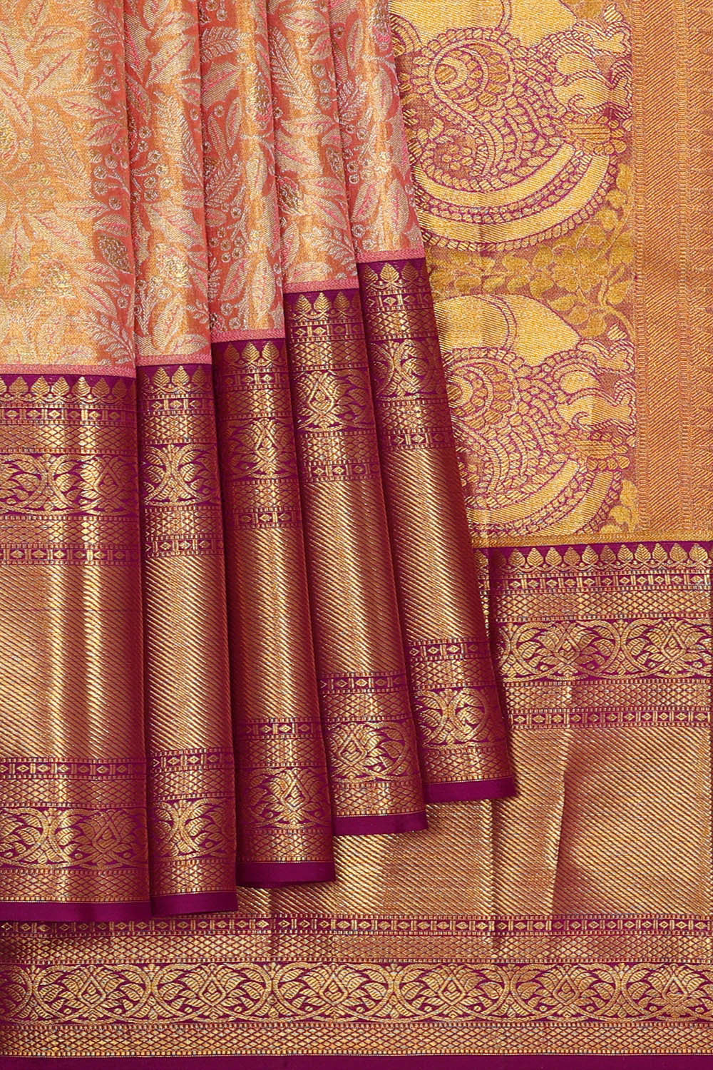 Kanchipattu Peach Pink Tissue Brocade Saree