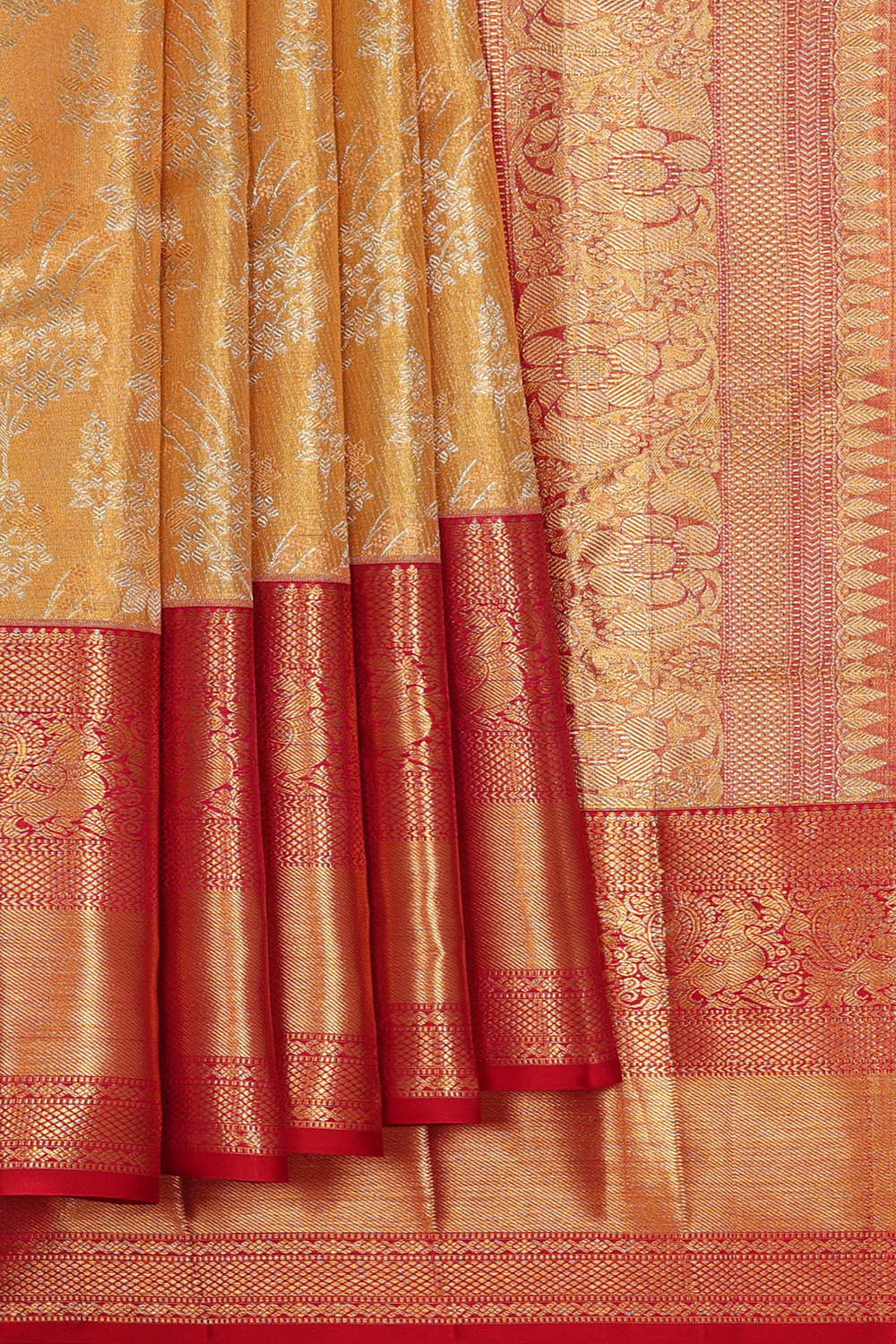 Kanchipattu Golden Cream Tissue Brocade Saree
