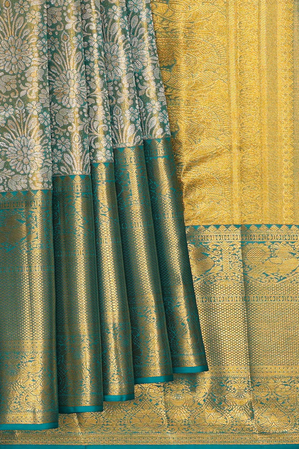 Kanchipattu Golden Blue Tissue Brocade Saree