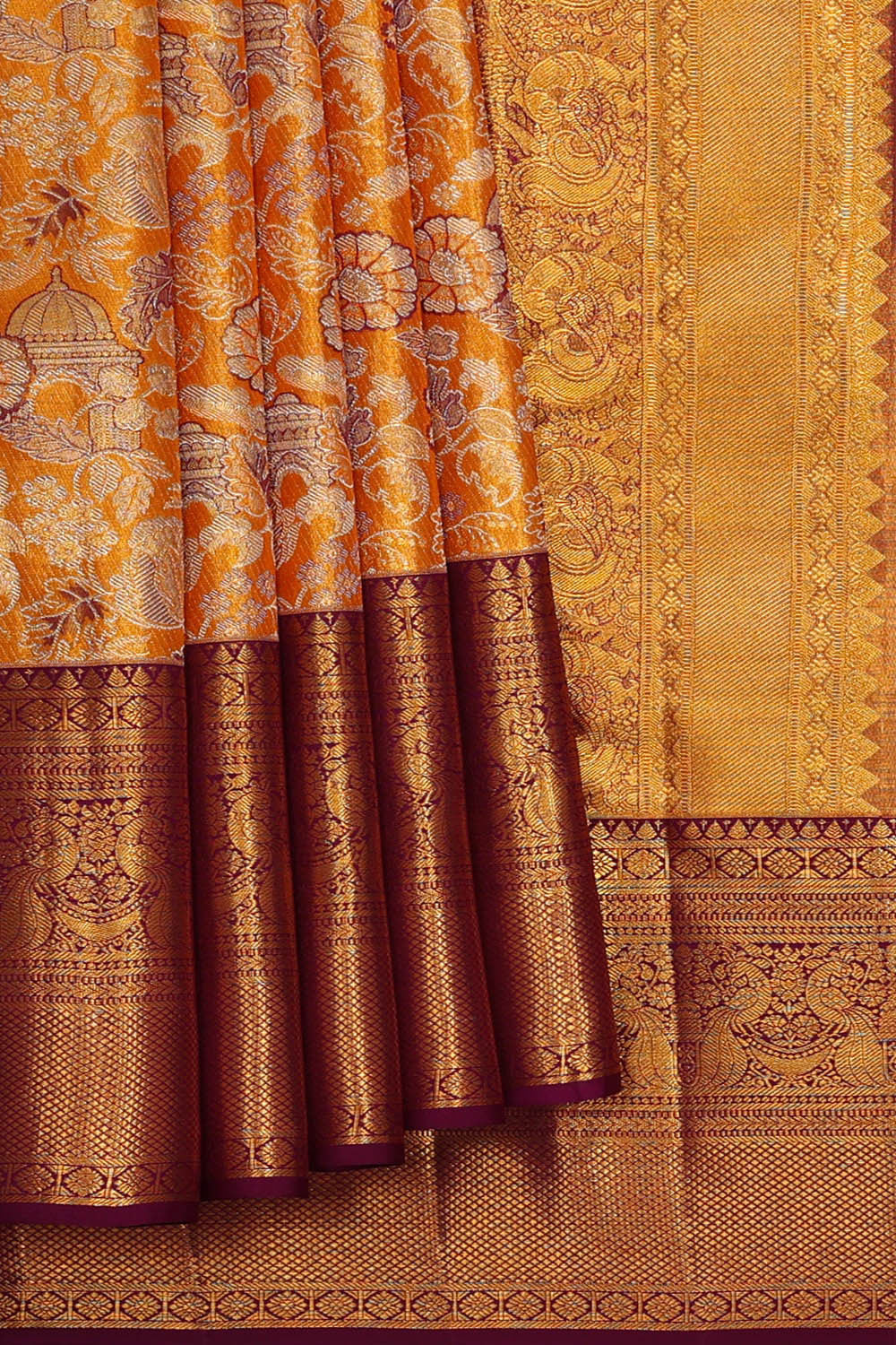 Kanchipattu Golden Yellow Tissue Brocade Saree