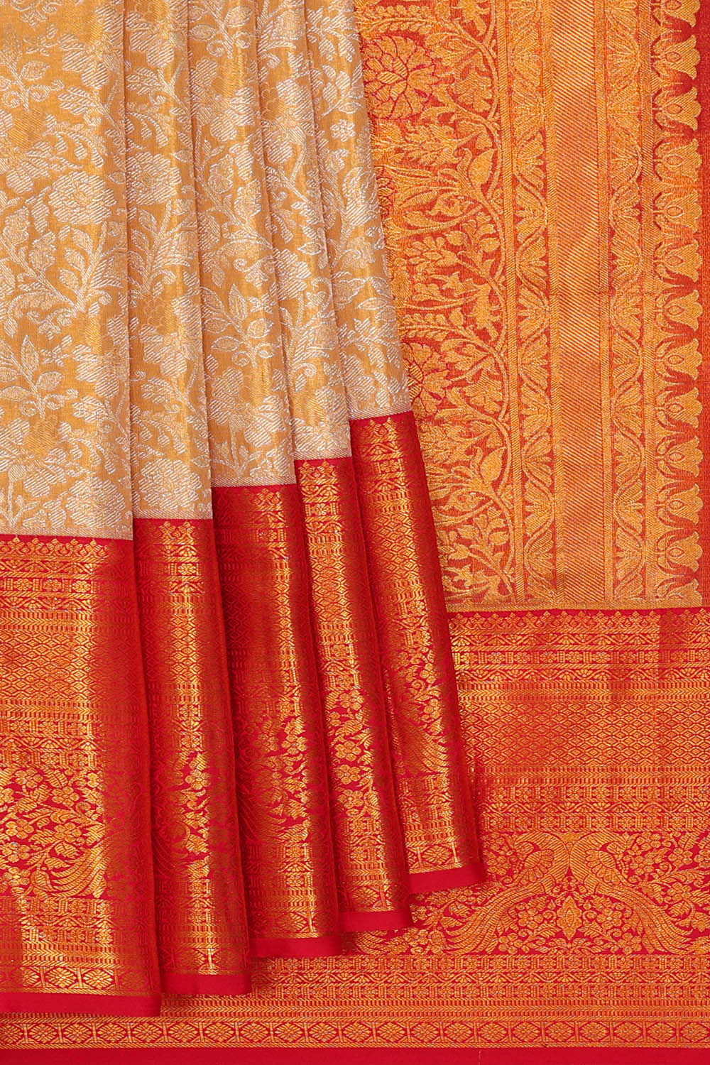 Image of Kanchipattu Golden Cream Tissue Brocade Saree
