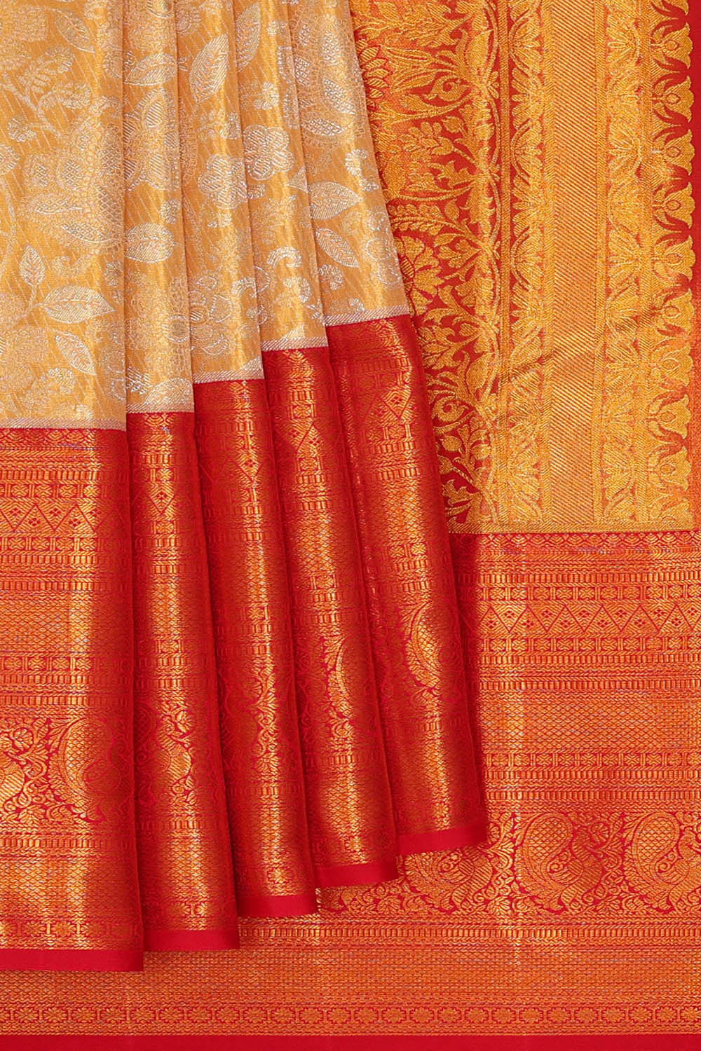 Kanchipattu Golden Cream Tissue Brocade Saree