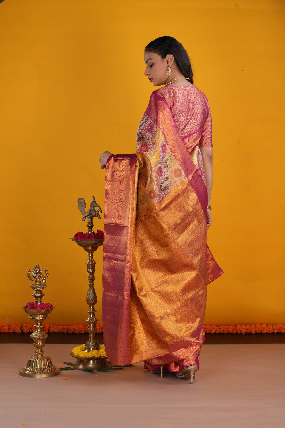 Image of Kanchipattu Pinkish Red Tissue Brocade Saree