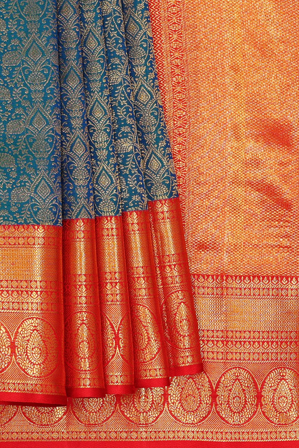 Image of Kanchipattu Peacock Blue Brocade Saree