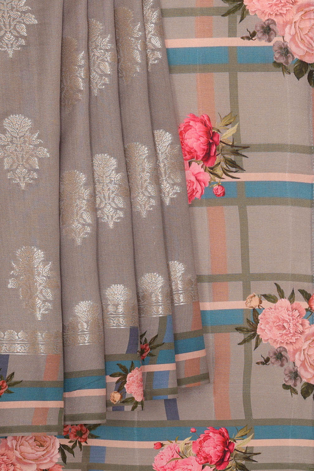 Image of Printed Grey Silk Saree