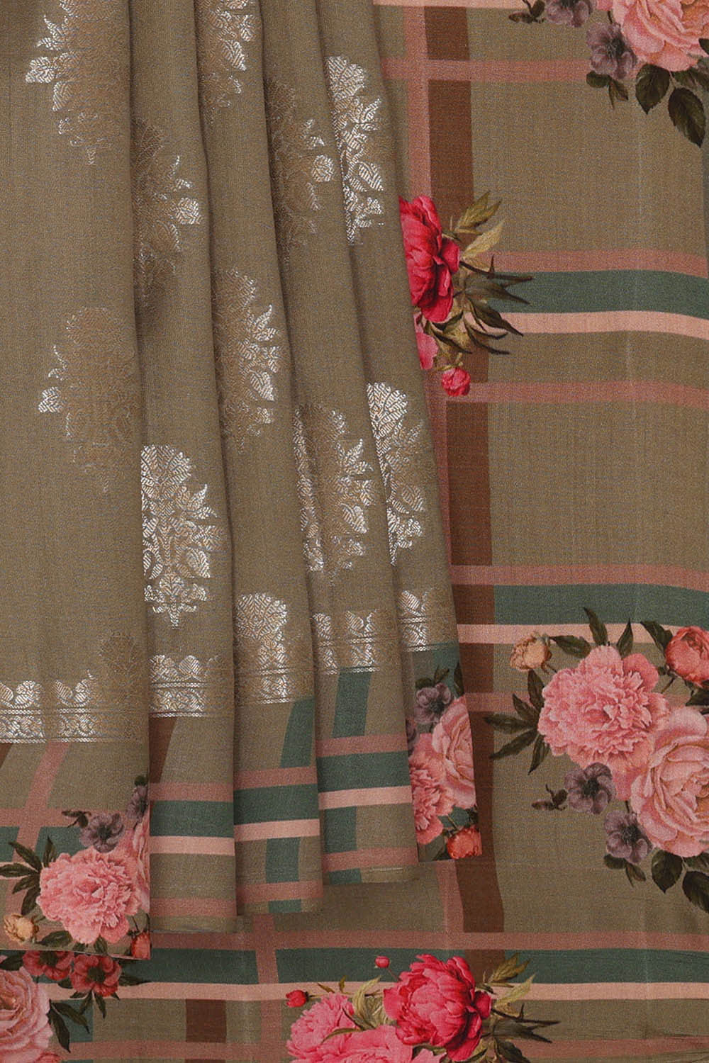 Image of Printed Dusty Olive Silk Saree