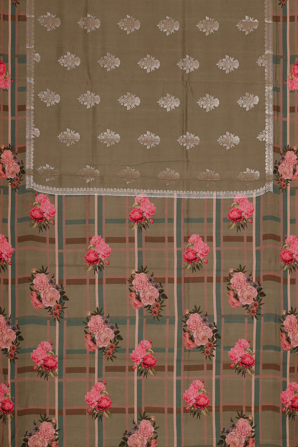 Image of Printed Dusty Olive Silk Saree