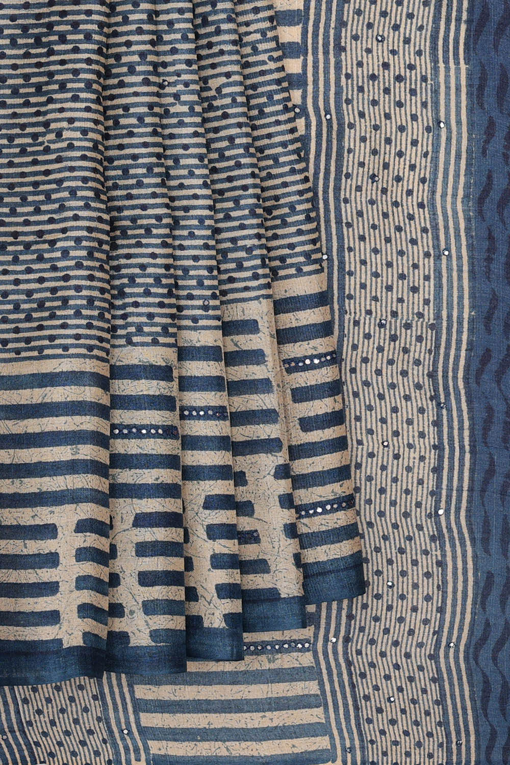 Image of Printed Tussar Cream-Blue Saree