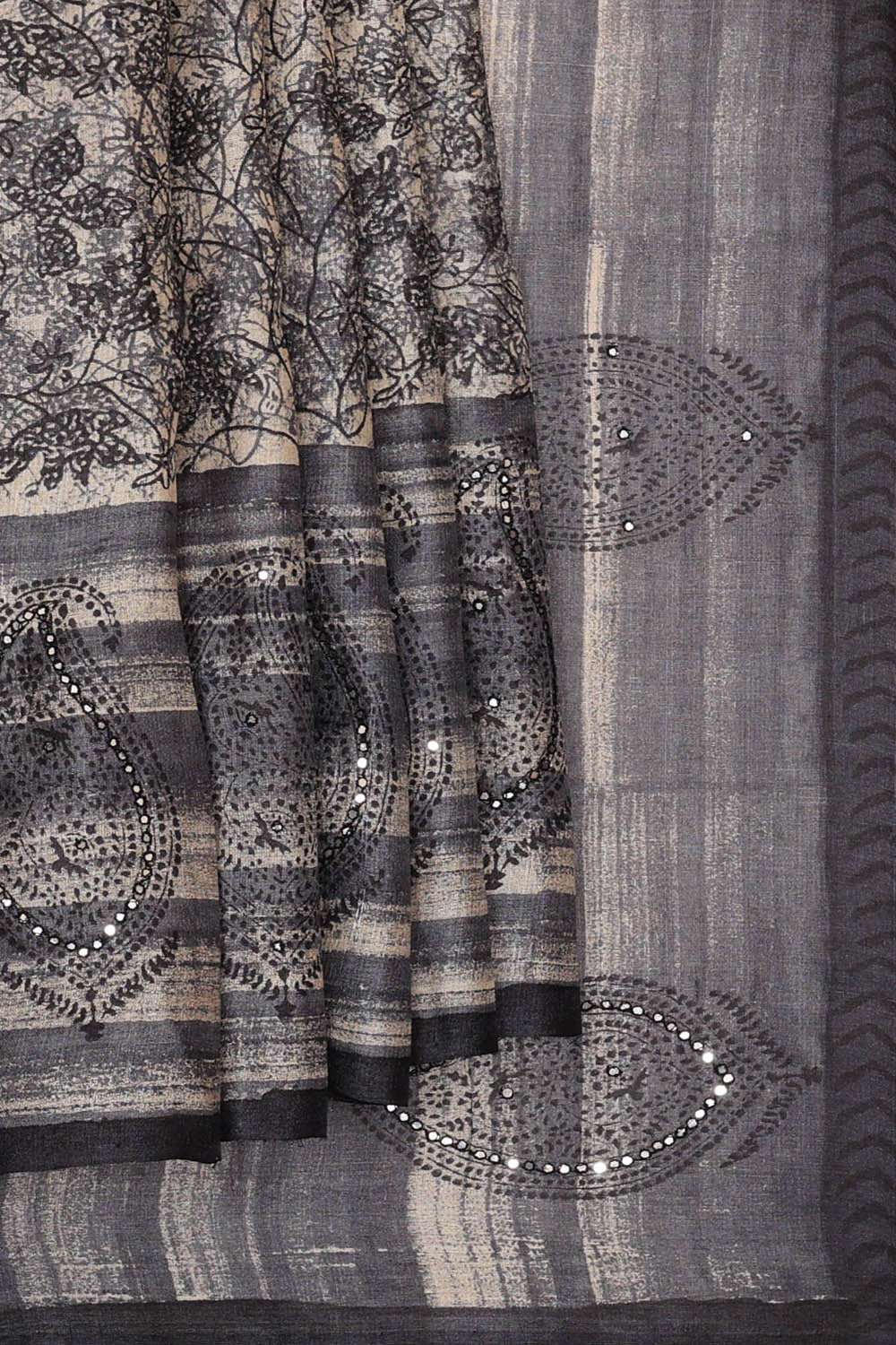 Image of Printed Tussar Cream-Grey Saree