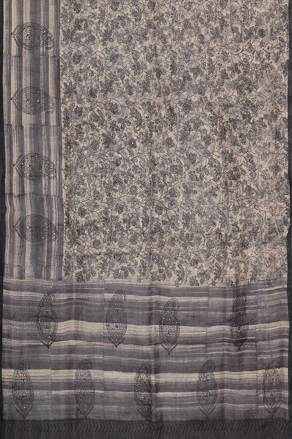 Printed Tussar Cream-Grey Saree