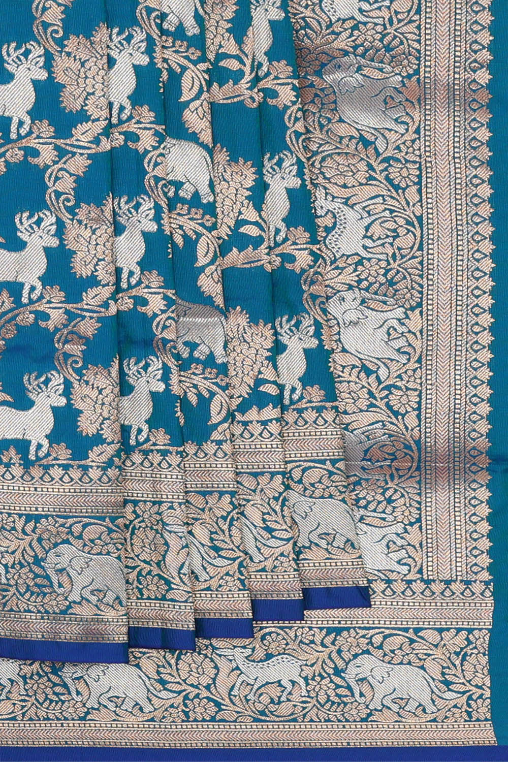Image of Semi Banarasi Silk Peacock Blue Saree